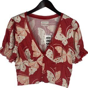 Urban Outfitters Butterfly V-Neck Crop Top Blouse Size XL NWT Smocked Waist